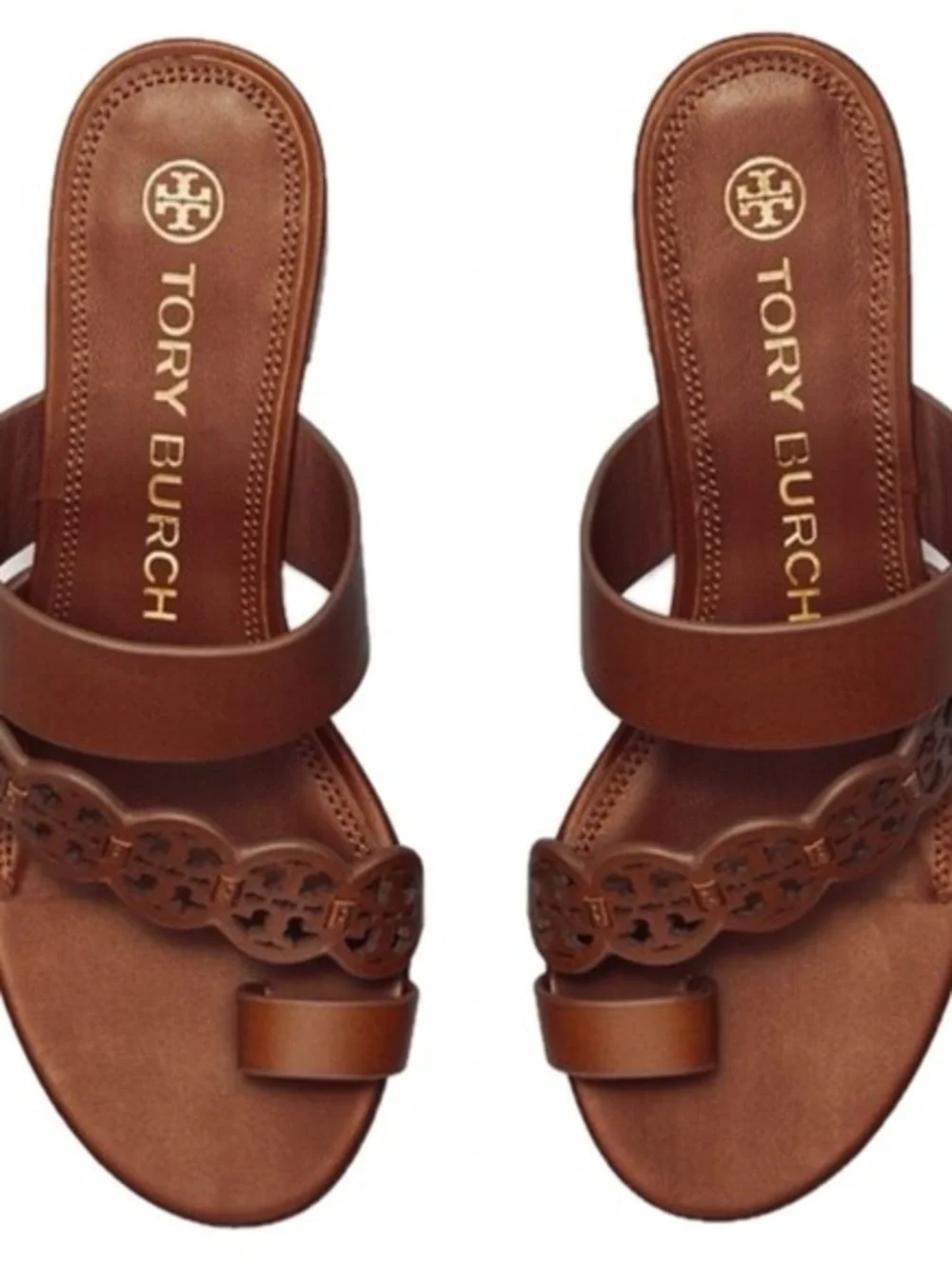 Tory Burch Tiny Miller leather toe-ring slides in tan/ brown color